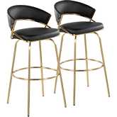 Jie 30" Swivel Bar Stool in Gold & Black Leatherette with Round Metal Footrest (Set of 2)